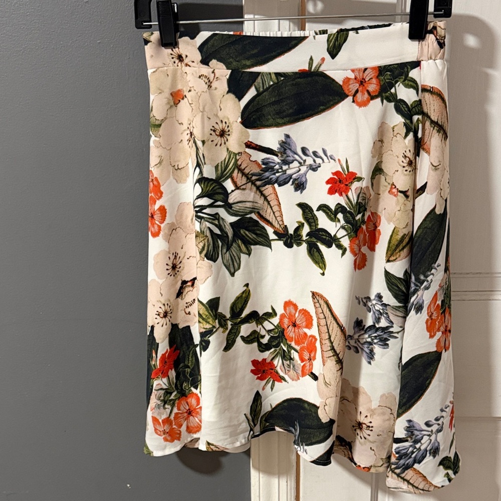 Floral A-Line Skirt in Cream with Orange and Green Print - asymmetrical